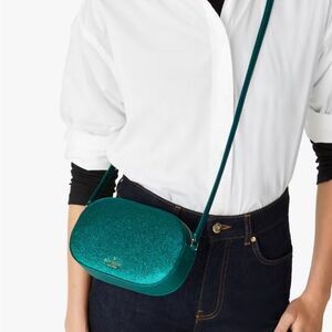 Kate Spade‎ NWT Glimmer Oval Camera Bag Crossbody Teal Glitter Shimmer